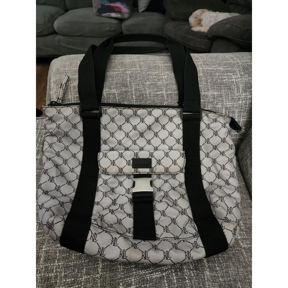 Lauren Ralph Lauren Monogram Jacquard Tote Bag Gray Black RL Logo Buckle Pocket